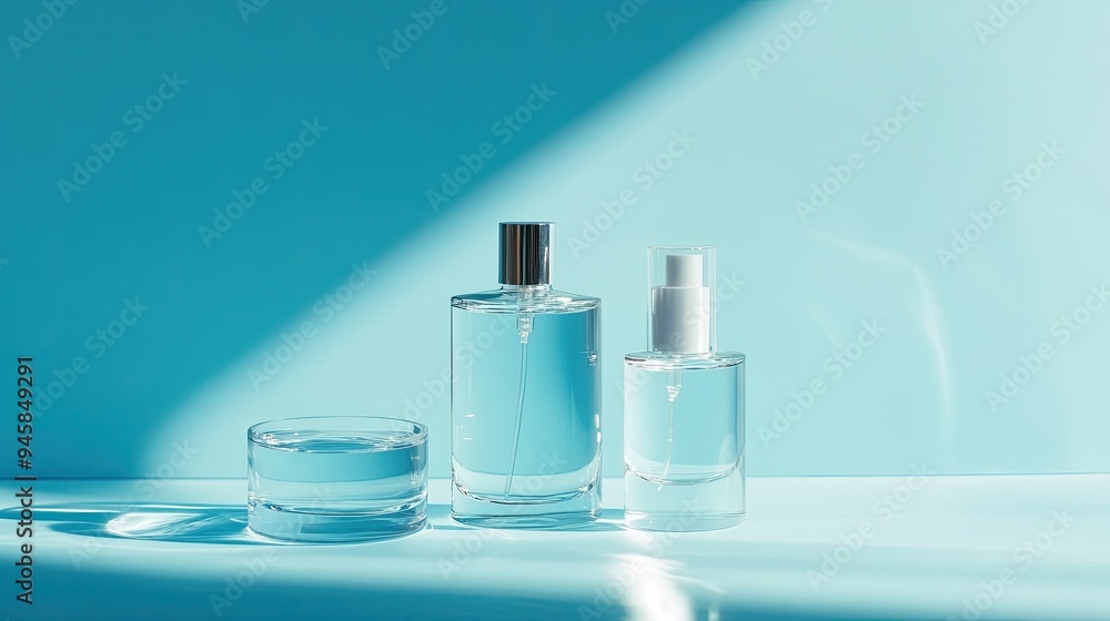 Glassy perfume and water bottles on a blue background, emphasizing minimalism and freshness. Glassy perfume and water bottles on a blue background, emphasizing minimalism and freshness.