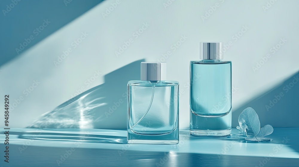 Glassy perfume and water bottles on a blue background, emphasizing minimalism and freshness. Glassy perfume and water bottles on a blue background, emphasizing minimalism and freshness.