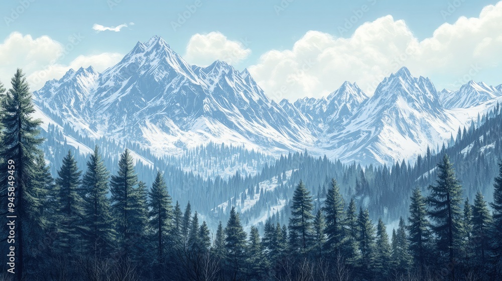 A stunning panorama of snow-covered mountains with a dense pine forest in the foreground. A stunning panorama of snow-covered mountains with a dense pine forest in the foreground.