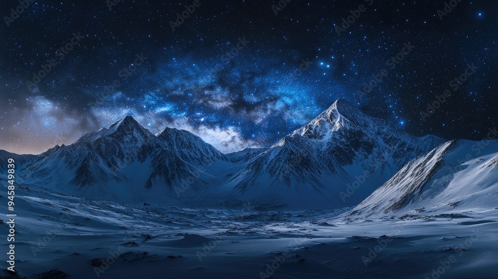 A vast expanse of snow-covered mountains under a starry night sky, with the Milky Way visible. A vast expanse of snow-covered mountains under a starry night sky, with the Milky Way visible.