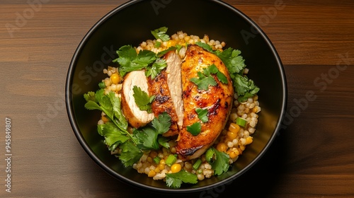 A delicious and healthy meal featuring grilled chicken breast served over a bed of bulgur wheat and corn salad, garnished with fresh cilantro. The chicken is juicy and flavorful, the bulgur is fluffy 