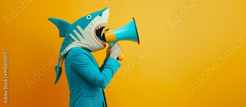 A person in a shark costume using a megaphone against a bright yellow background.