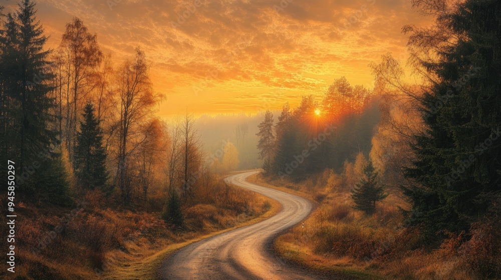 Golden sunrise over a winding road through the forest, evoking the beauty of nature. Golden sunrise over a winding road through the forest, evoking the beauty of nature.