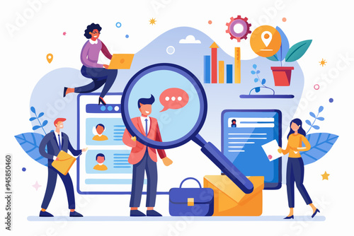 Search new job, finding candidate or discover talent, hiring and recruitment, SEO search engine optimization, find career opportunity concept, business people HR push magnifying glass on search bar.
