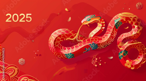 a red paper-cut snake with golden patterns and the numbers ''2025''. symbolizes the Lunar New Year of China. 2025 to be year of the snake.