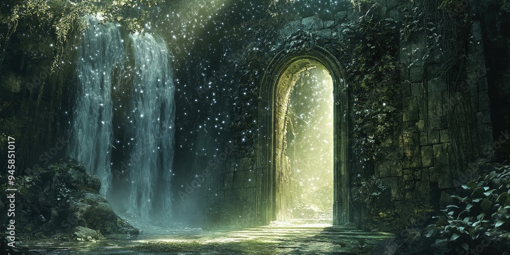 Fototapeta premium A magical forest gateway with a waterfall.