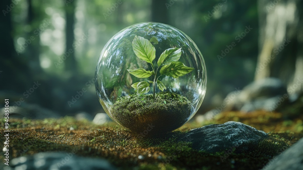 Green plant encased in a glass sphere, highlighting nature beauty and fragility. Green plant encased in a glass sphere, highlighting nature beauty and fragility.
