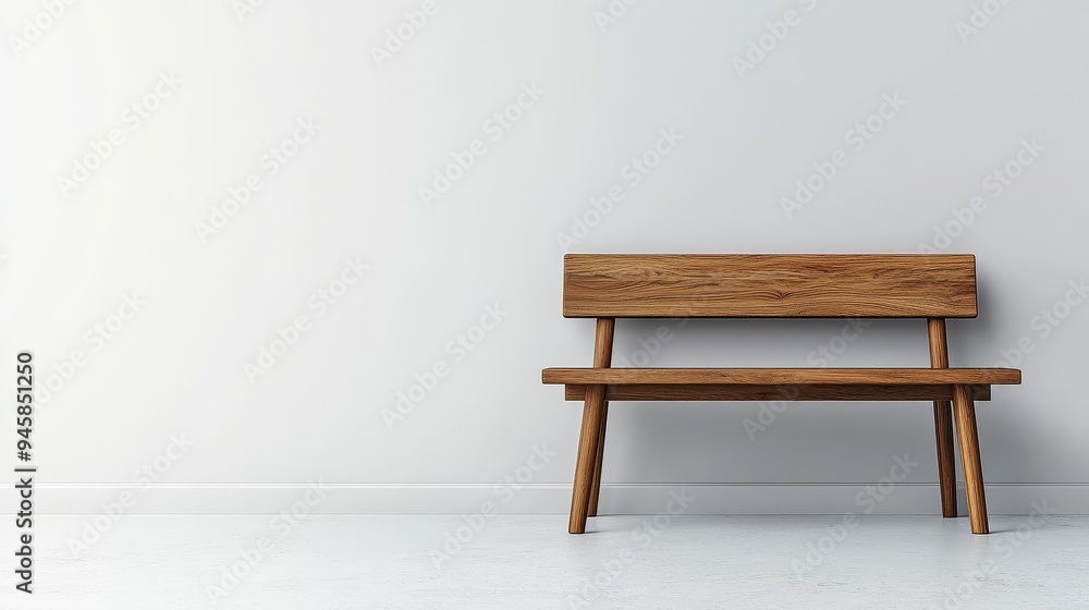 A wooden bench sits in front of a white wall A wooden bench sits in front of a white wall