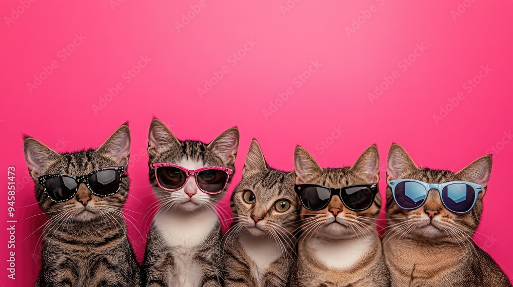 Group of cool young cats wearing stylish sunglasses, posing confidently against a vibrant pink background. Group of cool young cats wearing stylish sunglasses, posing confidently against a vibrant pink background.