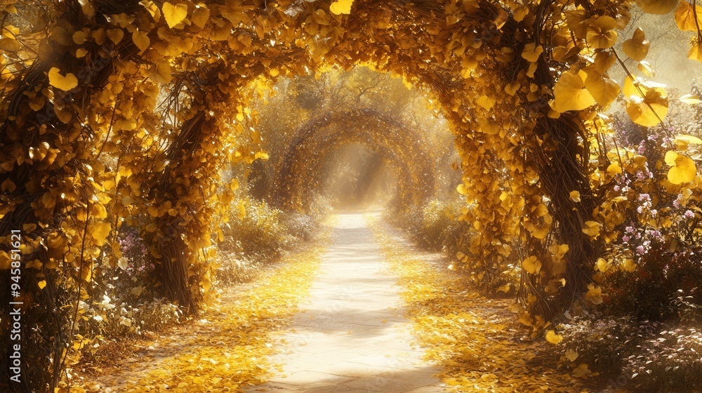 Yellow Leaf Archway with Golden Path. AI generated illustration Yellow Leaf Archway with Golden Path. AI generated illustration