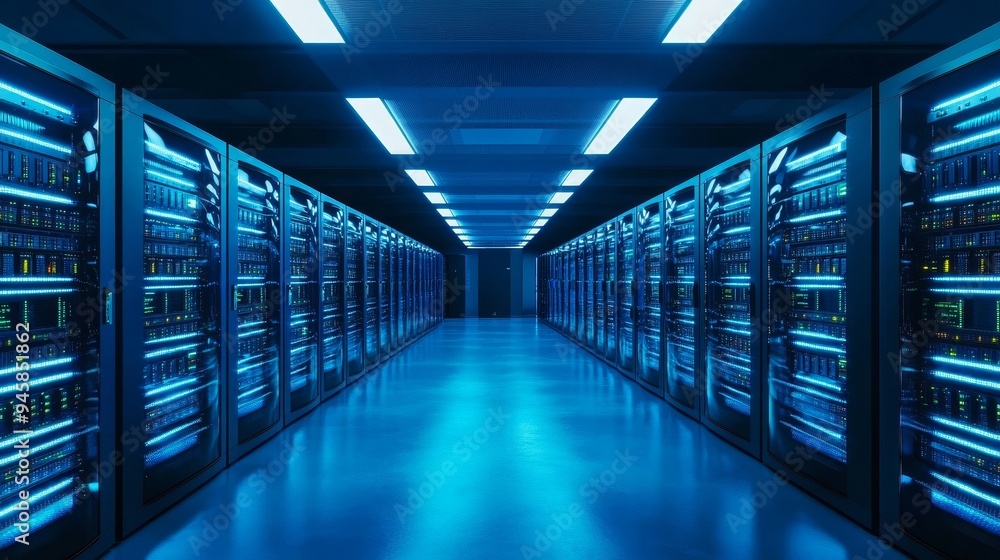 A long hallway in a data center, featuring rows of powerful server racks with glowing lights, representing the heart of modern technology and digital infrastructure. A long hallway in a data center, featuring rows of powerful server racks with glowing lights, representing the heart of modern technology and digital infrastructure.