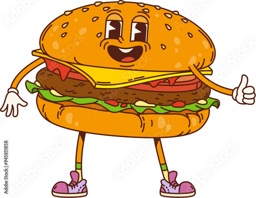 Burger retro groovy barbeque character. Isolated cartoon vector cheerful, delicious bbq hamburger fast food personage wearing sneakers, stands with thumb up gesture, expressive eyes and happy smile