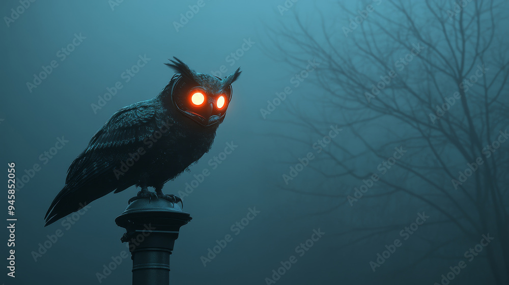 Fototapeta premium A mechanical owl with glowing red eyes is perched on a streetlight in a foggy night, creating a mysterious and eerie atmosphere. The owl's mechanical nature, the fog, and the owl's piercing gaze symbo