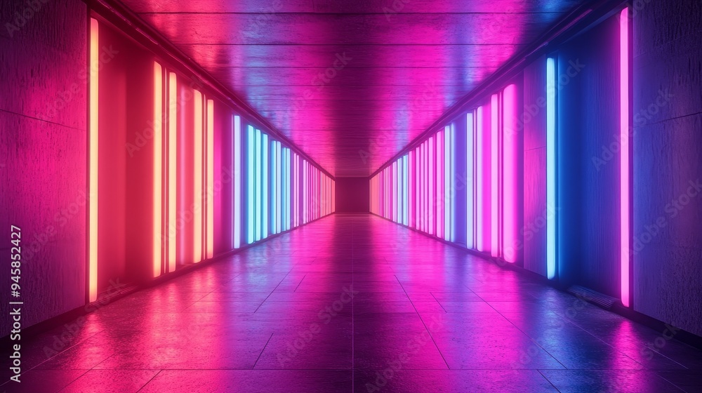 A long, brightly lit hallway with neon lights A long, brightly lit hallway with neon lights