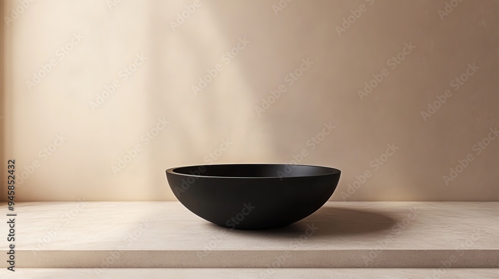 A black bowl sits on a white countertop A black bowl sits on a white countertop