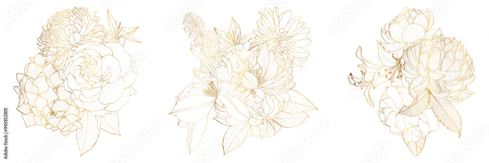 Decorative golden peony roses flowers, design elements. Can be used for cards, invitations, banners, posters, print design. Golden floral background in line art style. Decorative golden peony roses flowers, design elements. Can be used for cards, invitations, banners, posters, print design. Golden floral background in line art style.