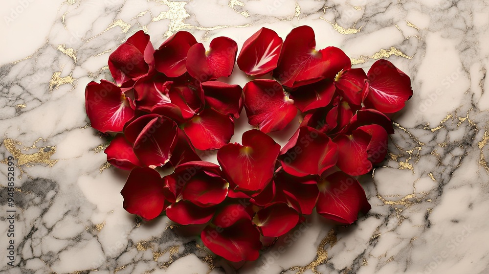 Heart-shaped red rose petals arranged on marble, with accents of liquid gold, creating a luxurious and romantic image.