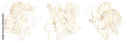 Decorative golden peony roses flowers, design elements. Can be used for cards, invitations, banners, posters, print design. Golden floral background in line art style.
