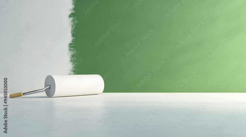 A paint roller rests on the floor near a wall that's half painted green. The image symbolizes renovation, home improvement, new beginnings, fresh start, and change. A paint roller rests on the floor near a wall that's half painted green. The image symbolizes renovation, home improvement, new beginnings, fresh start, and change.
