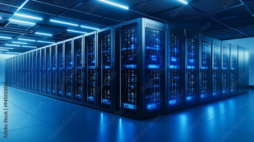 A modern server room with rows of powerful computing equipment, showcasing advanced technology and the infrastructure of data centers. Blue LED lights illuminate the sleek metal racks, symbolizing in A modern server room with rows of powerful computing equipment, showcasing advanced technology and the infrastructure of data centers. Blue LED lights illuminate the sleek metal racks, symbolizing in