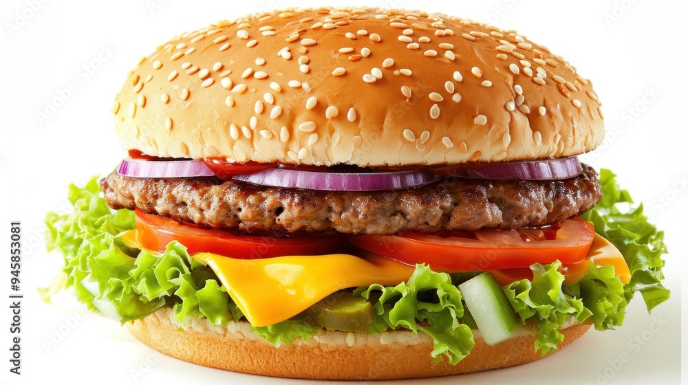 A hamburger with lettuce, tomato, cheese, onions, and pickles A hamburger with lettuce, tomato, cheese, onions, and pickles