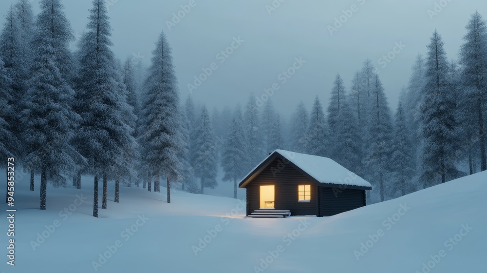 A picturesque winter scene with a cozy cabin nestled in a snowy forest. The warm glow of the cabin's windows creates a sense of peace and tranquility, while the tall, snow-covered trees evoke a sense A picturesque winter scene with a cozy cabin nestled in a snowy forest. The warm glow of the cabin's windows creates a sense of peace and tranquility, while the tall, snow-covered trees evoke a sense