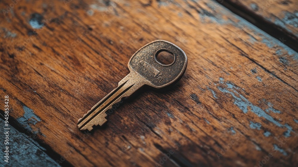 House key resting on a textured wooden surface, capturing the essence of buying a home. House key resting on a textured wooden surface, capturing the essence of buying a home.