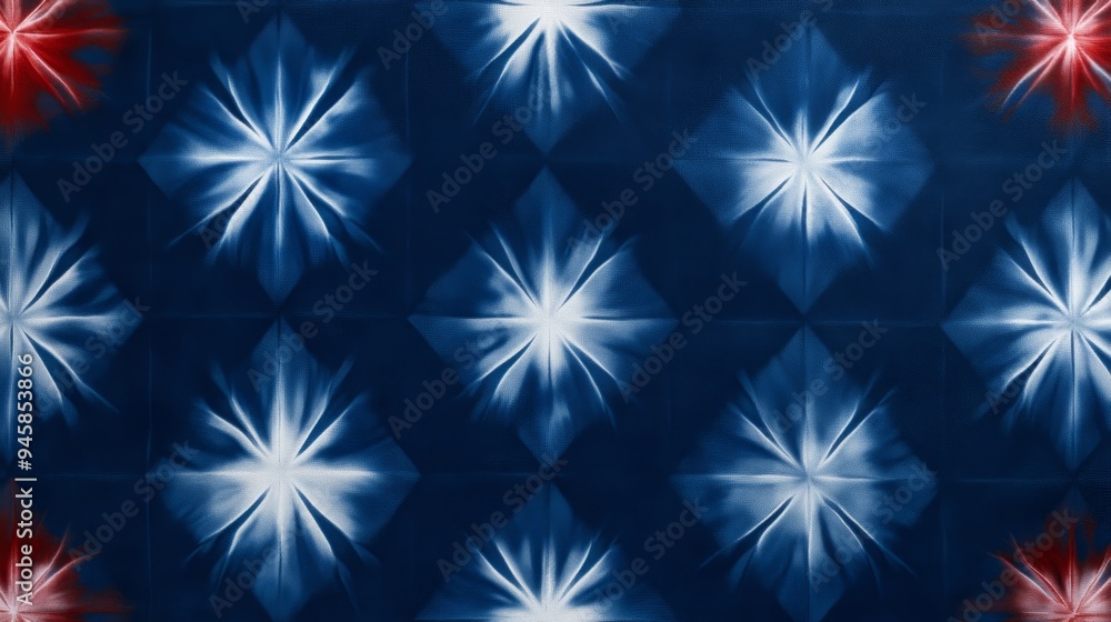 A seamless pattern featuring a repeating indigo shibori tie-dye design with a blue and white ombre effect. The pattern creates a geometric effect with white starburst shapes on a dark blue background. A seamless pattern featuring a repeating indigo shibori tie-dye design with a blue and white ombre effect. The pattern creates a geometric effect with white starburst shapes on a dark blue background.