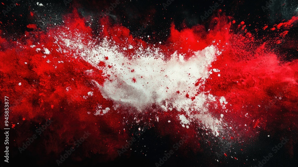 Indonesia flag concept with splattered red and white powder, showcasing a powerful, artistic design. Indonesia flag concept with splattered red and white powder, showcasing a powerful, artistic design.
