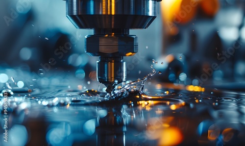 CNC machining centre drilling steel and using metal working fluid as coolant. 