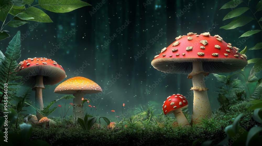 Fototapeta premium A serene forest scene with glowing mushrooms, signifying growth, wonder, and the hidden magic of nature. The soft light creates a mystical atmosphere, evoking a sense of peace and tranquility.