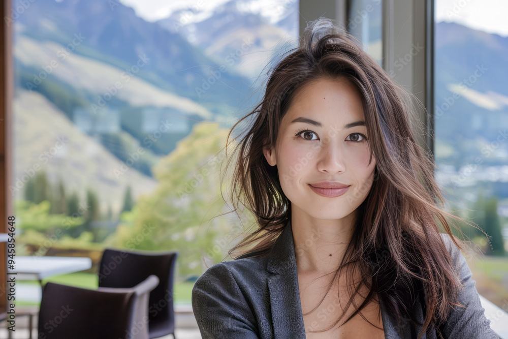 A woman with long hair is smiling at the camera. She is wearing a black jacket and a gray shirt A woman with long hair is smiling at the camera. She is wearing a black jacket and a gray shirt
