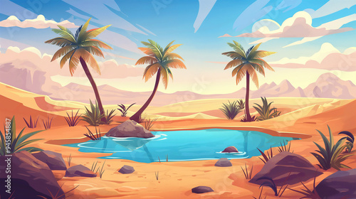 The Sandy desert with small lake under palm trees, game background, Illustration