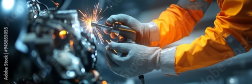 A skilled mechanic meticulously works on a machine, using specialized tools to ensure precision and accuracy. Sparks fly as they expertly handle delicate components, highlighting their expertise and d photo