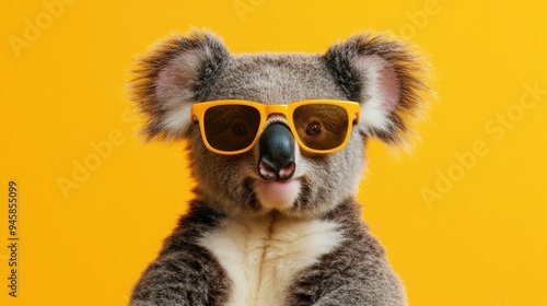 Koala with a cheeky grin and sunglasses, standing out against a sunny yellow background, creating a fun and lively image. photo