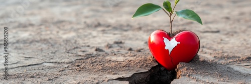 A small tree sapling emerges from a cracked red heart, symbolizing hope, resilience, healing, and new beginnings. The cracked heart represents a broken heart, while the sapling represents the possibil photo