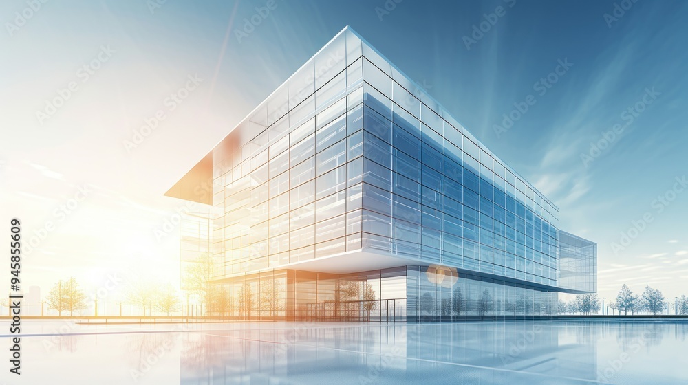 A large and tall building with numerous windows is reflected in the water A large and tall building with numerous windows is reflected in the water