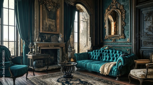 Luxurious teal furniture in a medieval-style room, adorned with rich textures and classic design elements.