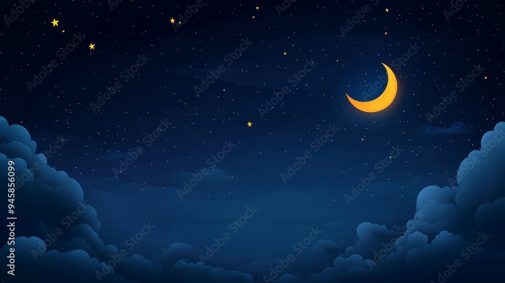 A tranquil illustration of a night sky featuring a crescent moon, twinkling stars, and fluffy clouds. The scene evokes feelings of peace, tranquility, and the beauty of nature. A tranquil illustration of a night sky featuring a crescent moon, twinkling stars, and fluffy clouds. The scene evokes feelings of peace, tranquility, and the beauty of nature.
