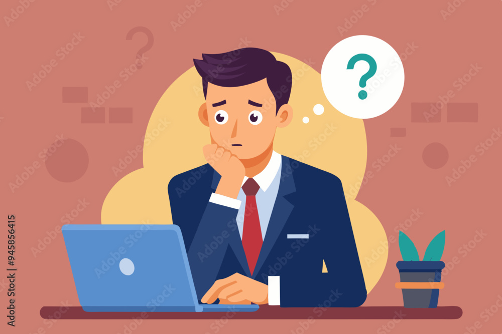 Contemplation, doubt or unsure, curiosity thinking to solve problem, question in the head, uncertainty or confusion, decision concept, businessman thinking on computer laptop with doubt question mark. Contemplation, doubt or unsure, curiosity thinking to solve problem, question in the head, uncertainty or confusion, decision concept, businessman thinking on computer laptop with doubt question mark.