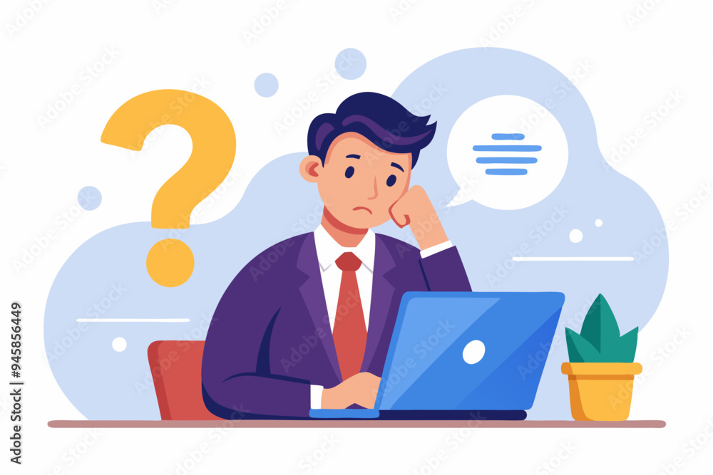 Contemplation, doubt or unsure, curiosity thinking to solve problem, question in the head, uncertainty or confusion, decision concept, businessman thinking on computer laptop with doubt question mark. Contemplation, doubt or unsure, curiosity thinking to solve problem, question in the head, uncertainty or confusion, decision concept, businessman thinking on computer laptop with doubt question mark.