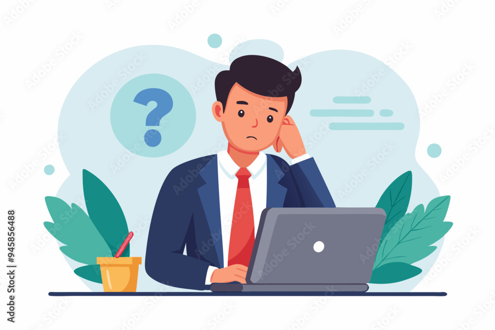 Contemplation, doubt or unsure, curiosity thinking to solve problem, question in the head, uncertainty or confusion, decision concept, businessman thinking on computer laptop with doubt question mark. Contemplation, doubt or unsure, curiosity thinking to solve problem, question in the head, uncertainty or confusion, decision concept, businessman thinking on computer laptop with doubt question mark.