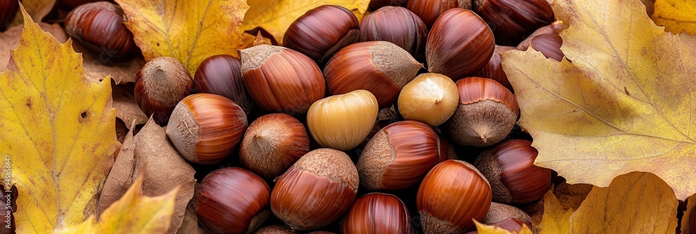 A vibrant collection of chestnuts nestled amongst fallen autumn leaves, symbolizing the transition of seasons, nature's bounty, warmth, and the cozy charm of fall. A vibrant collection of chestnuts nestled amongst fallen autumn leaves, symbolizing the transition of seasons, nature's bounty, warmth, and the cozy charm of fall.