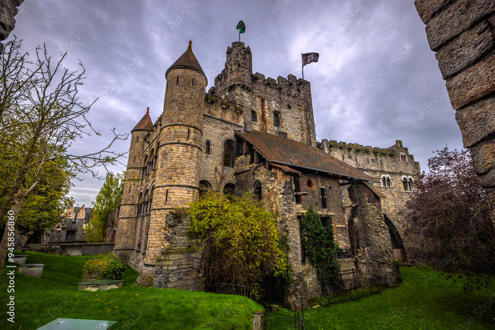 Obraz premium Ghent - November 5th 2022: The epic Medieval castle of Gravensteen in Ghent, Belgium