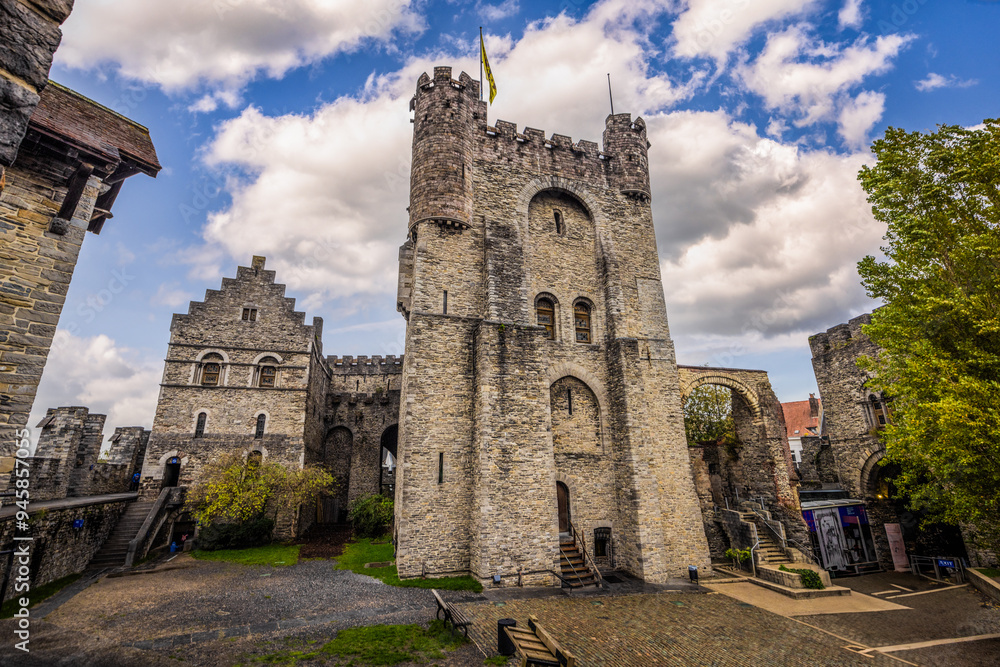 Ghent - November 5th 2022: The epic Medieval castle of Gravensteen in Ghent, Belgium Ghent - November 5th 2022: The epic Medieval castle of Gravensteen in Ghent, Belgium