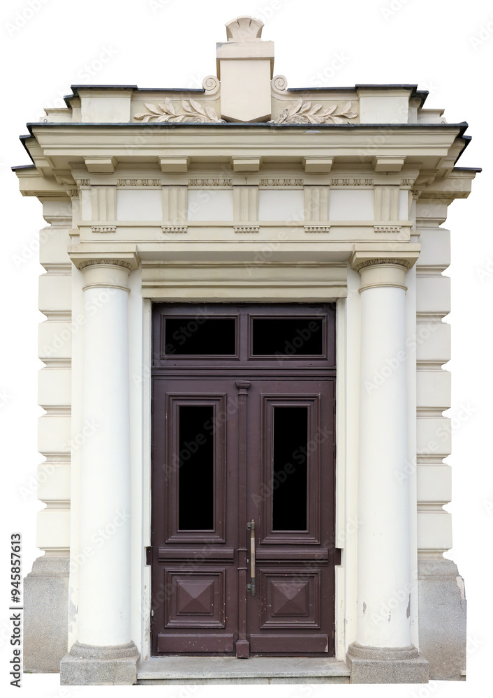 The entrance to the old building is decorated with columns and stucco isolated The entrance to the old building is decorated with columns and stucco isolated