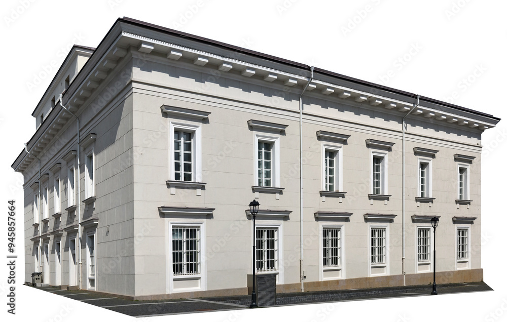 Fototapeta premium The old restored building is decorated with plaster stucco isolated