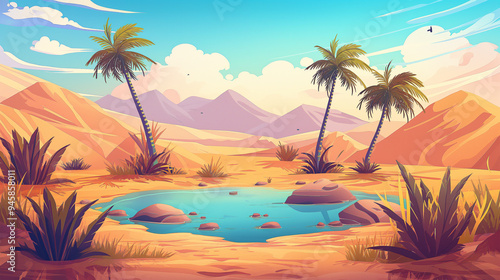 The Sandy desert with small lake under palm trees, game background, Illustration