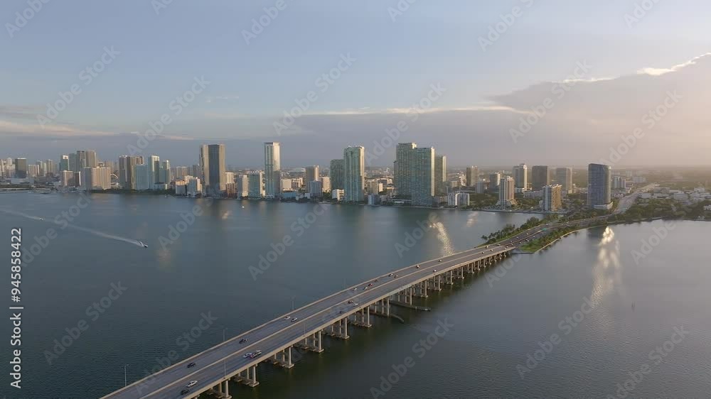 Aerial view of biscayne bay with julia tuttle causeway and miami skyline, miami, florida, united states. Aerial view of biscayne bay with julia tuttle causeway and miami skyline, miami, florida, united states.