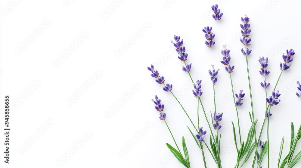 A cluster of lavender flowers arranged artistically on a white background. A cluster of lavender flowers arranged artistically on a white background.